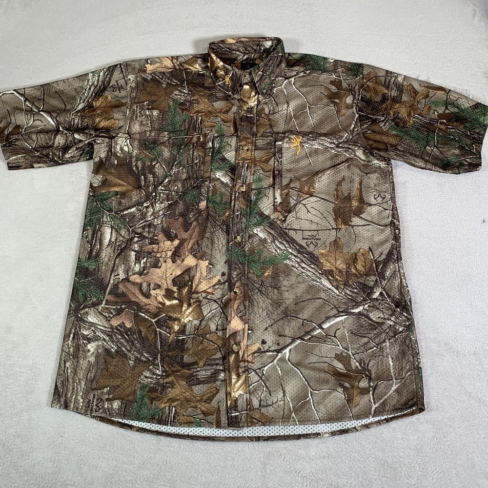 Browning Shirt Mens Large Brown Realtree Camo‎ Short Sleeve Hunting Button Up